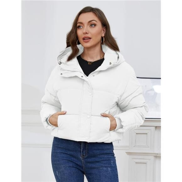 Womens Cropped Puffer Jacket Hooded Zip Up White - Picture 5 of 6